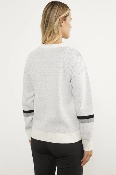 Renkli Leopar Kombinli Triko Kazak - Kemik - Resim 5