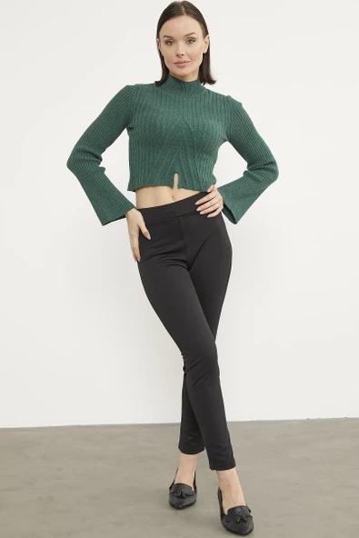 Yarım Balıkçı Crop Triko Kazak - Yeşil - Resim 5