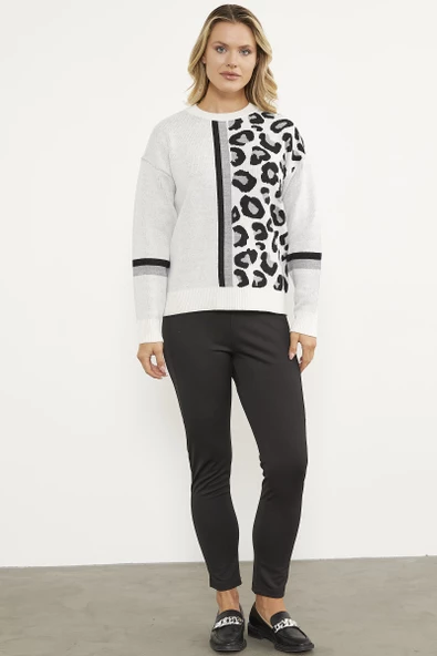 Renkli Leopar Kombinli Triko Kazak - Kemik - Resim 3