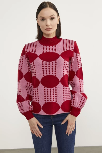 Yarım Balıkçı Çift Renk Triko Kazak - Kırmızı ürün görseli 1