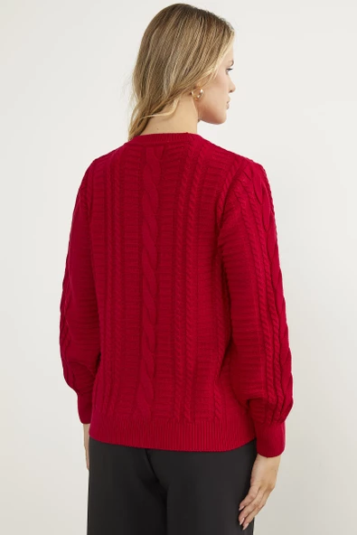 Saç Örgü Sıfır Yaka Triko Kazak - Kırmızı - Resim 6