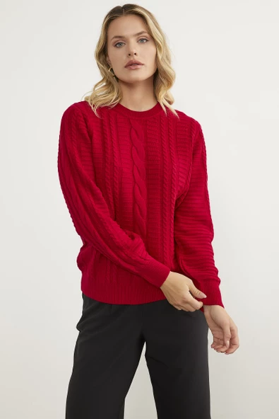 Saç Örgü Sıfır Yaka Triko Kazak - Kırmızı - Resim 4