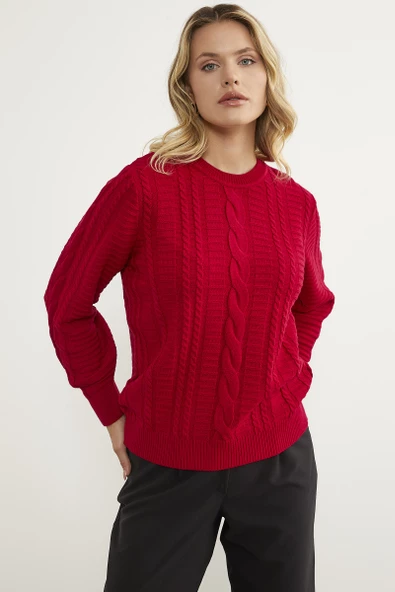 Saç Örgü Sıfır Yaka Triko Kazak - Kırmızı - Resim 3