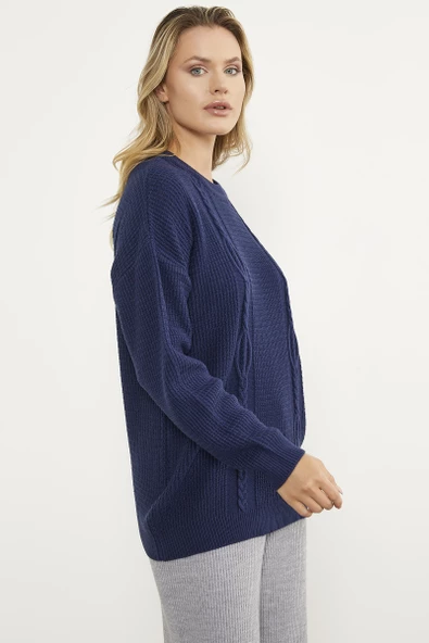 Petek Örgü Sıfır Yaka Triko Kazak - Lacivert - Resim 4