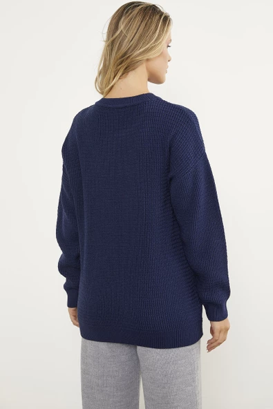 Petek Örgü Sıfır Yaka Triko Kazak - Lacivert - Resim 6