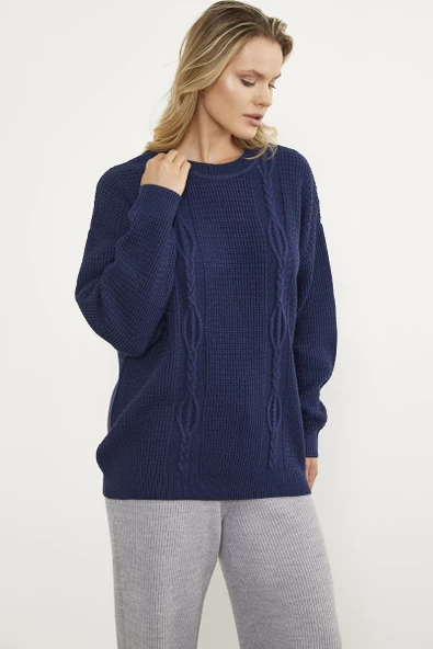 Petek Örgü Sıfır Yaka Triko Kazak - Lacivert - Resim 5