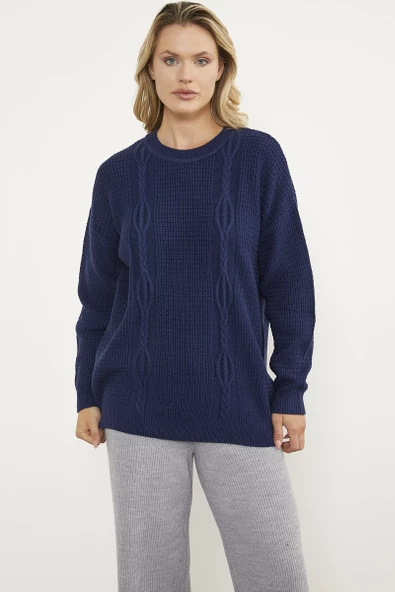 Petek Örgü Sıfır Yaka Triko Kazak - Lacivert - Resim 2
