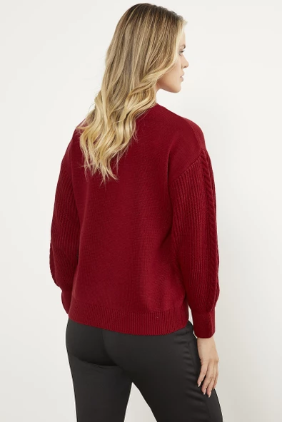 Prenses Kol Örgü Detaylı Triko Kazak - Kırmızı - Resim 6