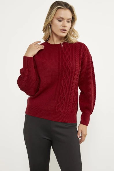 Prenses Kol Örgü Detaylı Triko Kazak - Kırmızı - Resim 3