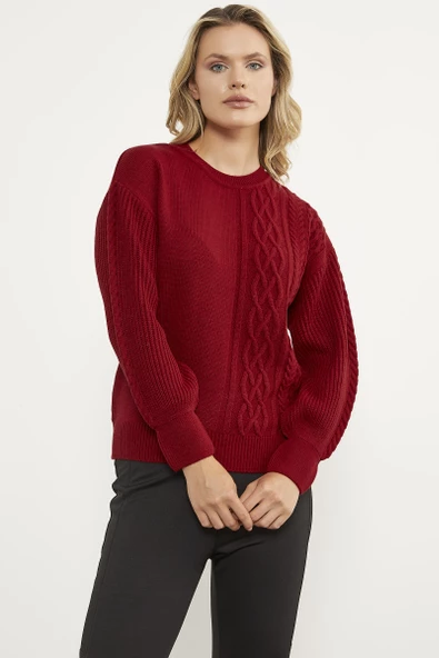 Prenses Kol Örgü Detaylı Triko Kazak - Kırmızı ürün görseli 1