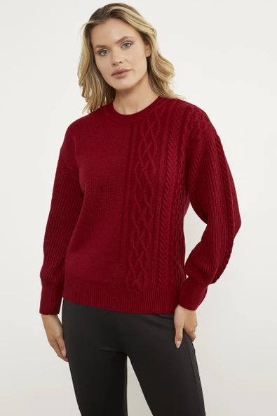 Prenses Kol Örgü Detaylı Triko Kazak - Kırmızı - Resim 4