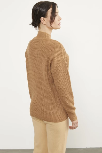 Petek Örgü Dik Yaka Triko Kazak - Kamel - Resim 5