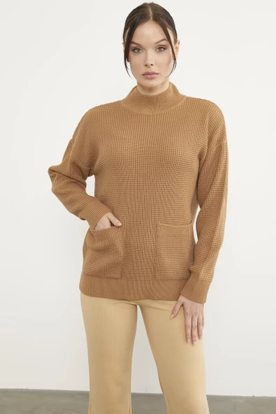 Petek Örgü Dik Yaka Triko Kazak - Kamel - Resim 2