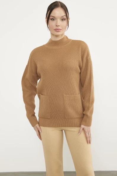 Petek Örgü Dik Yaka Triko Kazak - Kamel ürün görseli 1