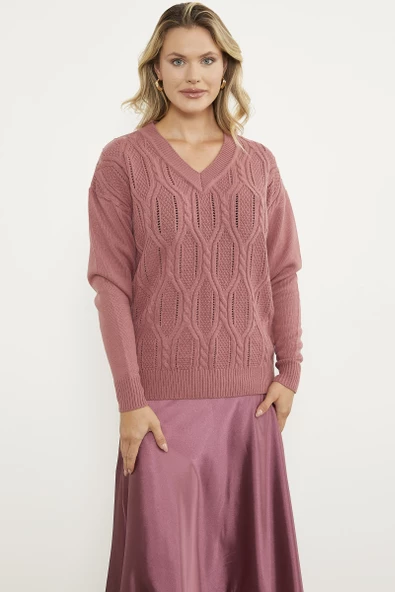 V Yaka Motifli Triko Kazak - Gül - Resim 2