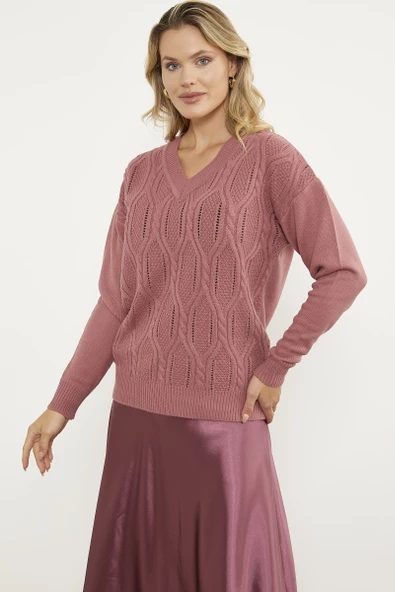 V Yaka Motifli Triko Kazak - Gül - Resim 4