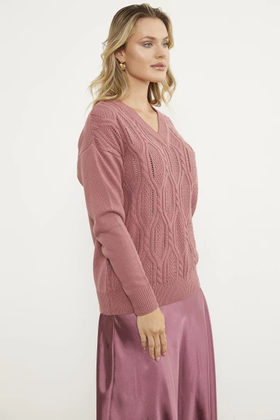 V Yaka Motifli Triko Kazak - Gül - Resim 5