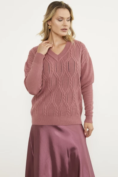 V Yaka Motifli Triko Kazak - Gül - Resim 3