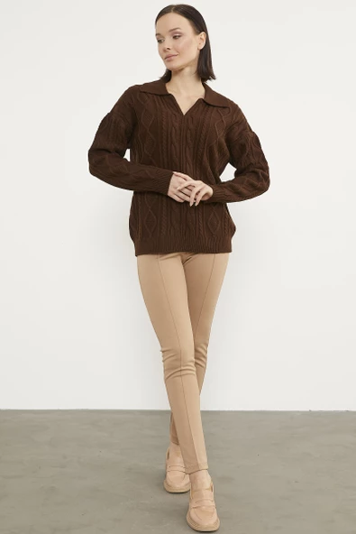 Polo Yaka Desenli Triko Kazak - Kahve - Resim 2