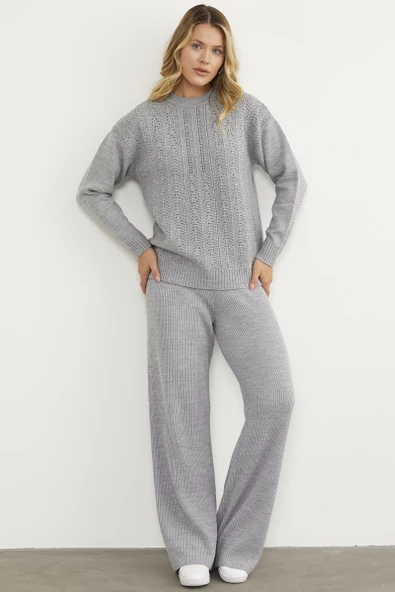 Sıfır Yaka Zik Zak Motifli Triko Kazak - Gri - Resim 2