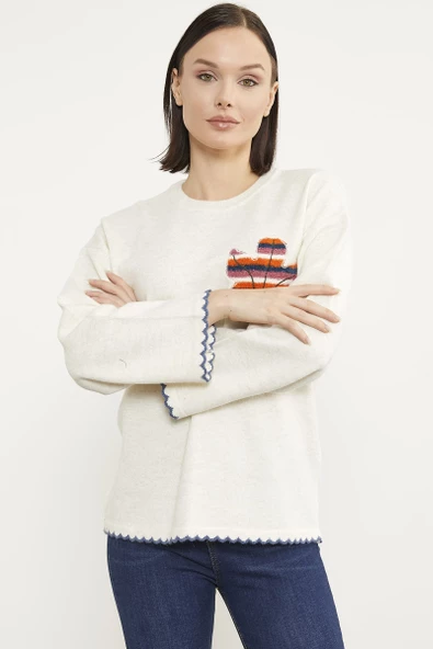 Yaprak Motifli Bohem Triko Kazak - Kemik - Resim 2