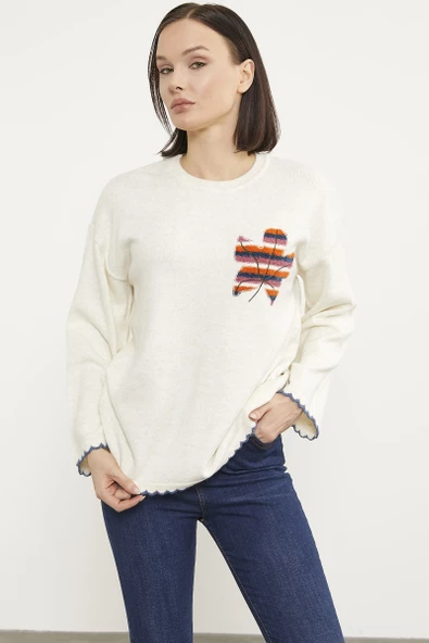 Yaprak Motifli Bohem Triko Kazak - Kemik - Resim 3