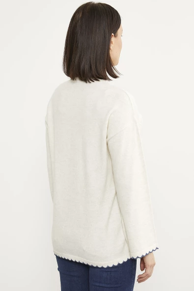 Yaprak Motifli Bohem Triko Kazak - Kemik - Resim 5