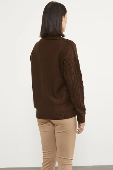 Polo Yaka Desenli Triko Kazak - Kahve - Resim 4