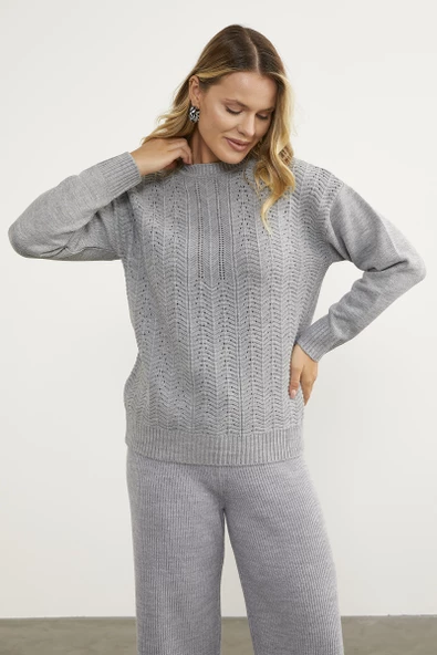 Sıfır Yaka Zik Zak Motifli Triko Kazak - Gri - Resim 4