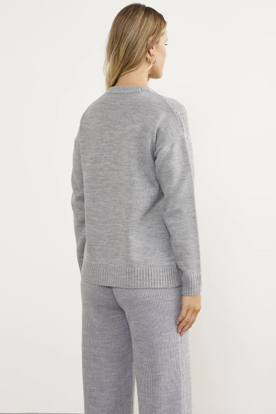 Sıfır Yaka Zik Zak Motifli Triko Kazak - Gri - Resim 6