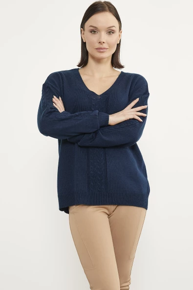 Saç Örgü Detaylı V Yaka Triko Kazak - Lacivert - Resim 3