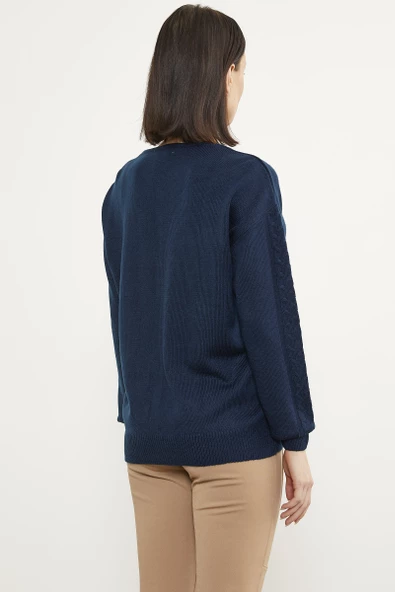 Saç Örgü Detaylı V Yaka Triko Kazak - Lacivert - Resim 5
