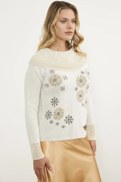 Şal Yaka İnci Zımbalı Triko Kazak - Kemik - Resim 3