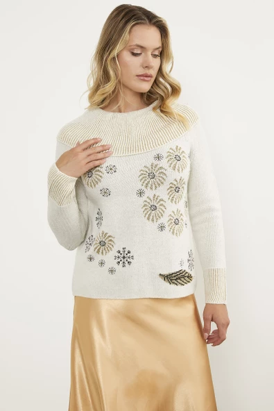 Şal Yaka İnci Zımbalı Triko Kazak - Kemik - Resim 4