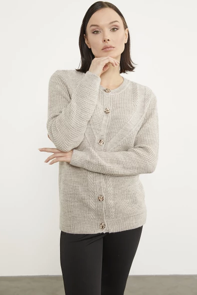 Petek Örgü Düğmeli Triko Hırka - Bej - Resim 2