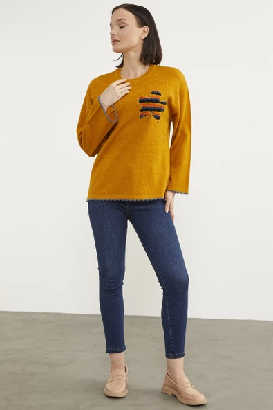 Yaprak Motifli Bohem Triko Kazak - Güneş - Resim 2