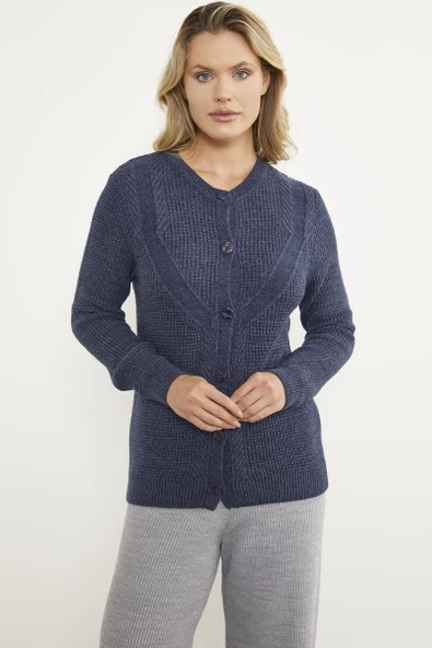 Petek Örgü Düğmeli Triko Hırka - Lacivert - Resim 2