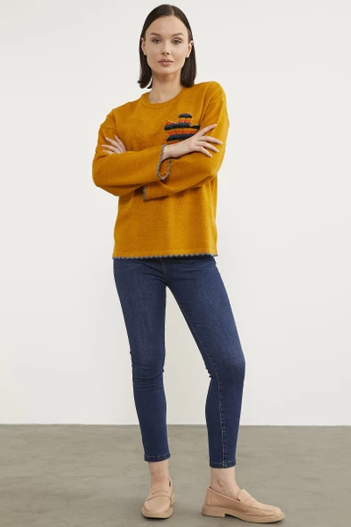 Yaprak Motifli Bohem Triko Kazak - Güneş - Resim 3