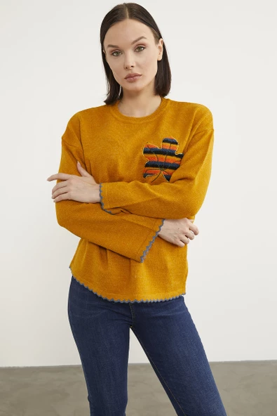 Yaprak Motifli Bohem Triko Kazak - Güneş ürün görseli 1