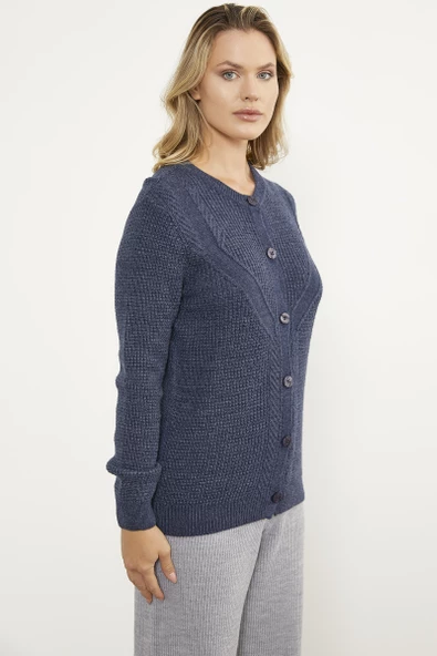 Petek Örgü Düğmeli Triko Hırka - Lacivert - Resim 4