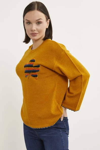 Yaprak Motifli Bohem Triko Kazak - Güneş - Resim 5