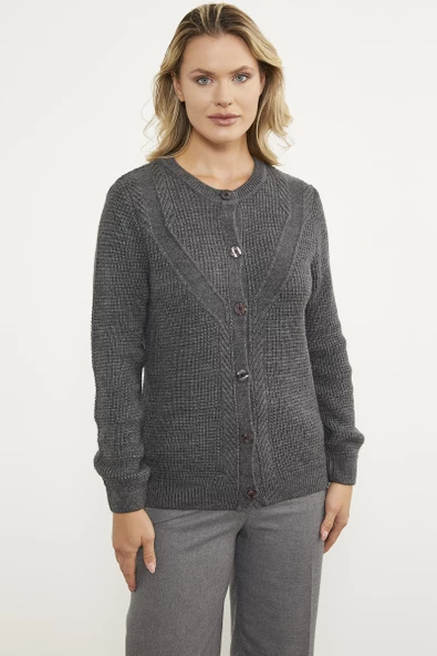 Petek Örgü Düğmeli Triko Hırka - Koyu Gri - Resim 5