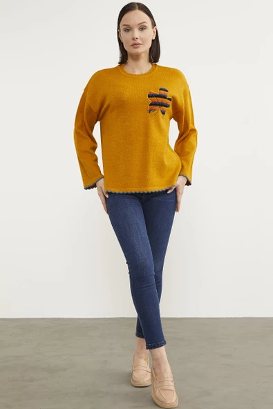 Yaprak Motifli Bohem Triko Kazak - Güneş - Resim 4