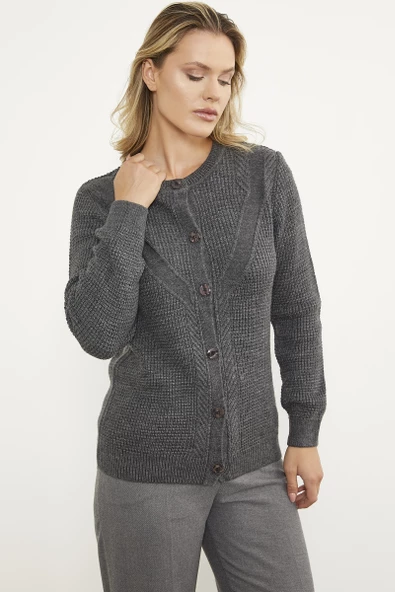 Petek Örgü Düğmeli Triko Hırka - Koyu Gri - Resim 3