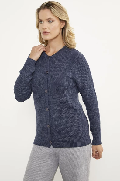 Petek Örgü Düğmeli Triko Hırka - Lacivert - Resim 3