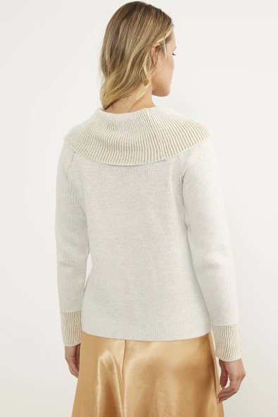 Şal Yaka İnci Zımbalı Triko Kazak - Kemik - Resim 6