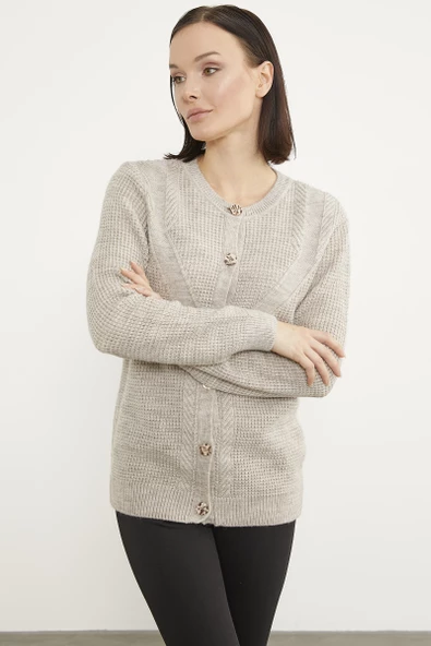 Petek Örgü Düğmeli Triko Hırka - Bej - Resim 3