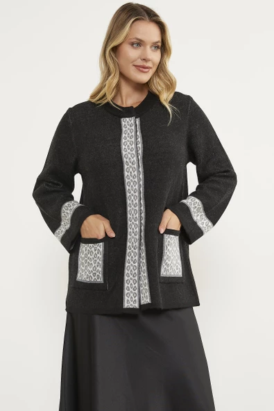 Leopar Detaylı Geniş Kalıp Triko Hırka - Siyah - 5