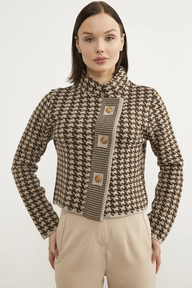 Kazayağı Desenli Dik Yaka Triko Hırka - Vizon ürün görseli