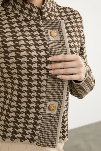 Kazayağı Desenli Dik Yaka Triko Hırka - Vizon - Resim 5